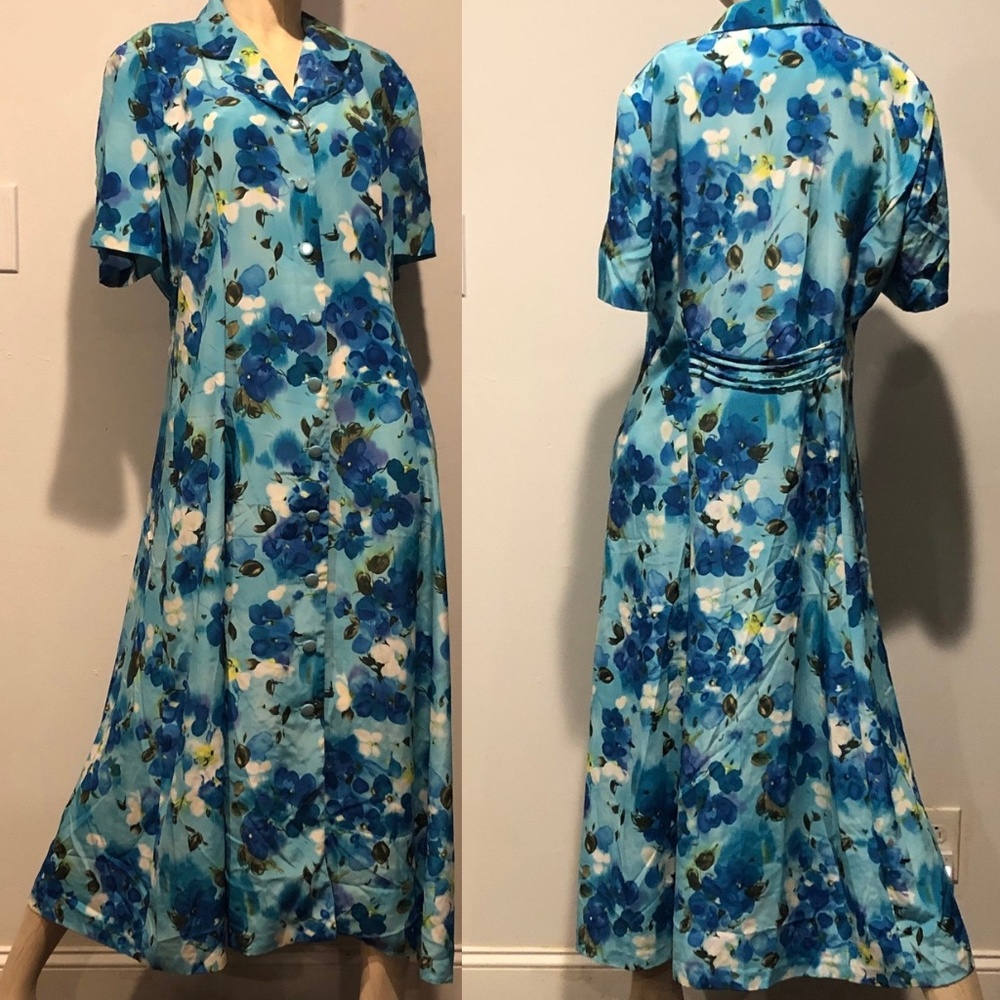 Vtg 90s Blue Floral Collared Short Sleeve Button Midi Tea Day Dress~Leslie Fay